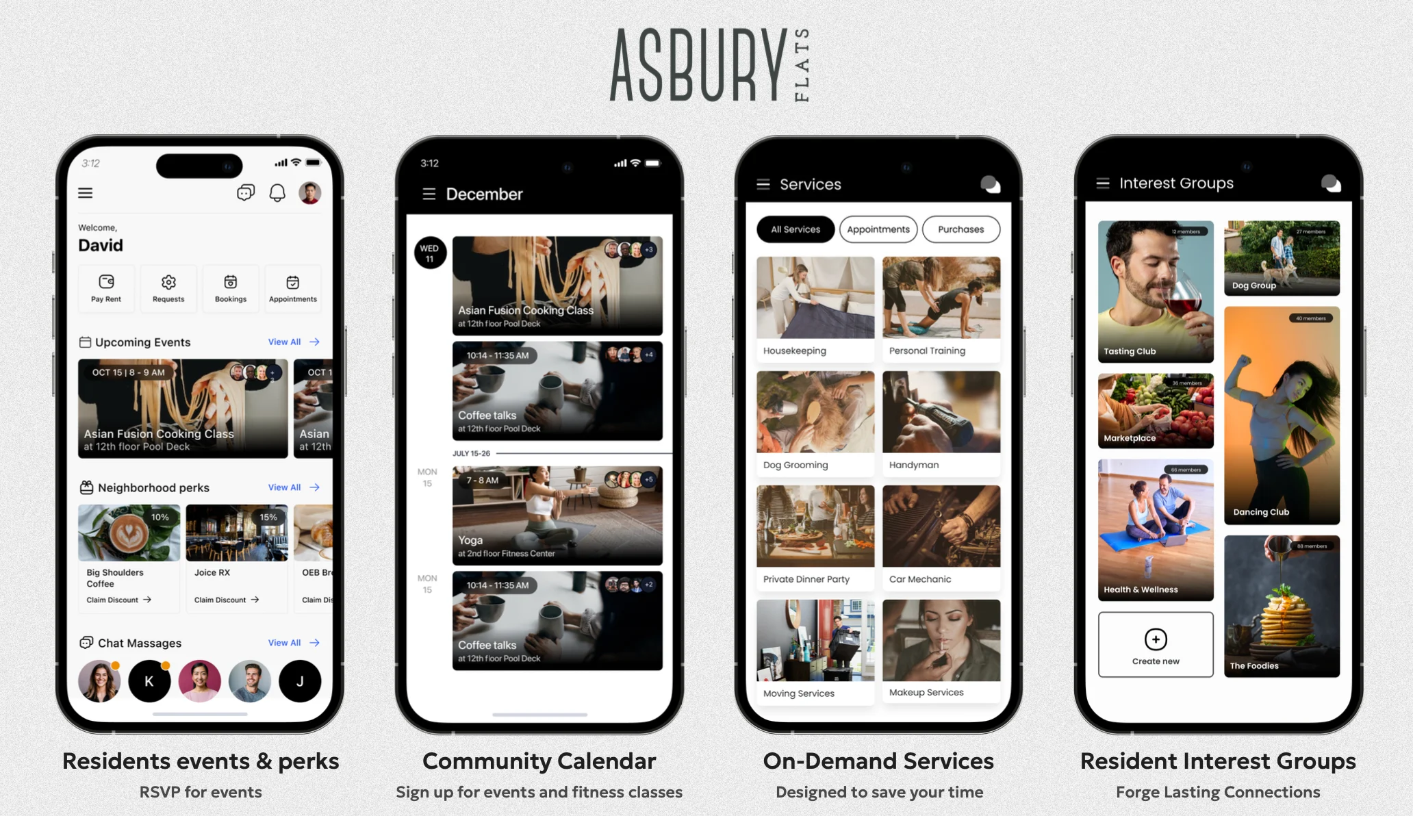 Screenshots of the Asbury Flats resident app showcasing different features including events, community calendar, services, and interest groups.
