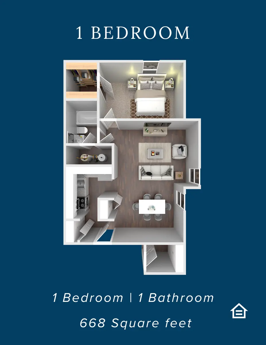 Floor plan of a 1-bedroom apartment featuring a living area, kitchen, bedroom, and bathroom, with a total area of 668 square feet.