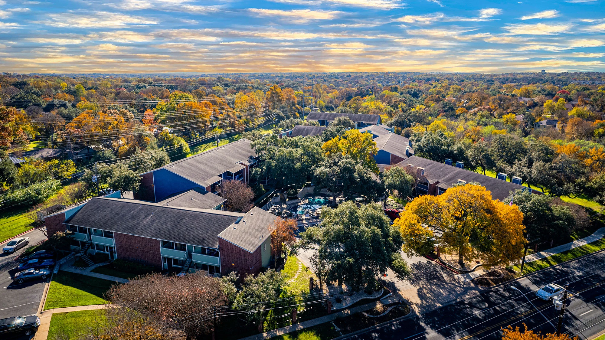 Aerial view, Apartment complex, Autumn