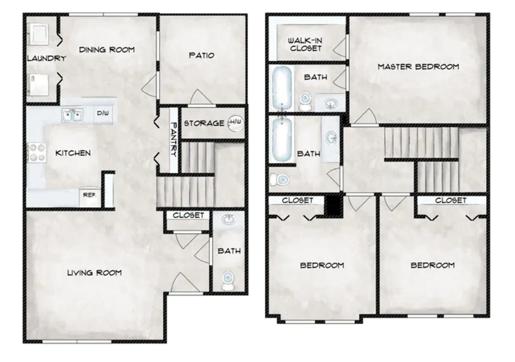 A detailed floor plan of a two-story house layout. The left side shows the ground floor with a living room, kitchen, dining room, laundry, and patio. The right side displays the upper floor with bedrooms, baths, and a master bedroom with a walk-in closet.