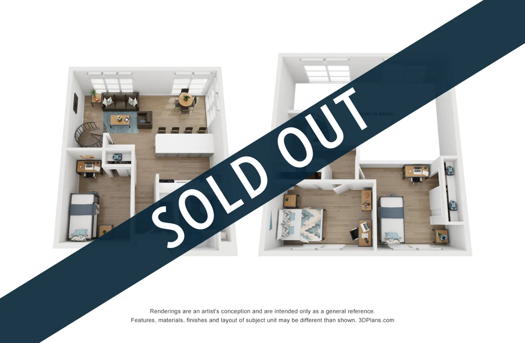 3D rendering of two apartment layouts with a 'SOLD OUT' overlay