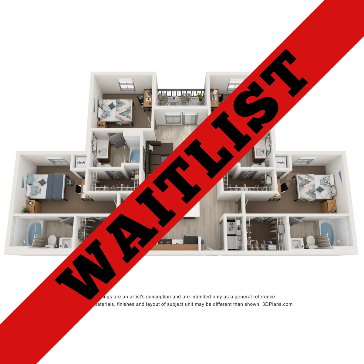 Architectural floor plan depicting a layout with multiple rooms including bedrooms, living areas, and kitchen, with a 'WAITLIST' overlay in red.