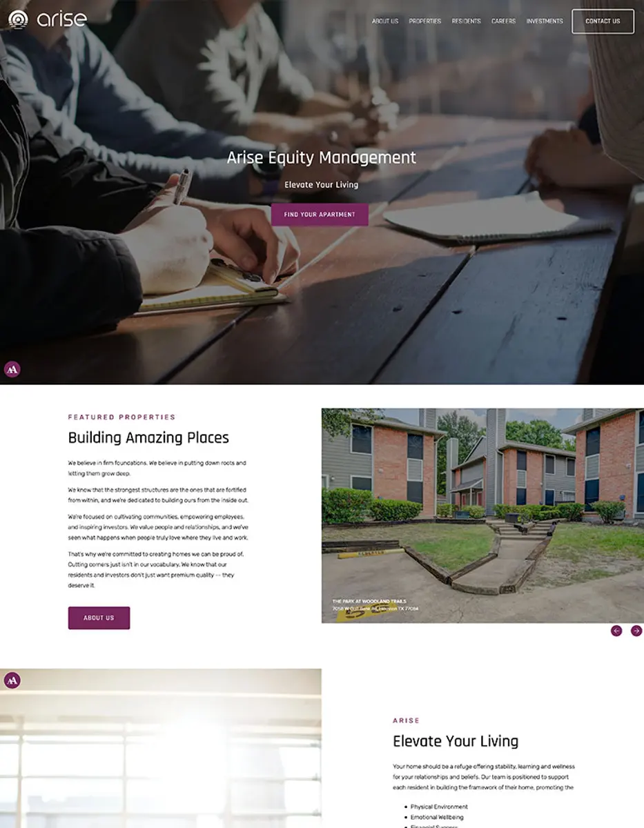 A webpage design for Arise Equity Management featuring a header with people in a meeting, a section titled 'Building Amazing Places' with a property image, and another section titled 'Elevate Your Living.'