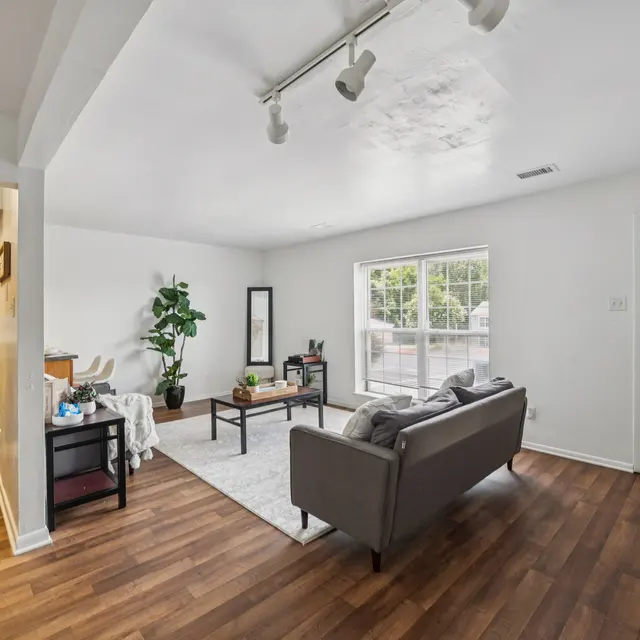 Modern Living Room Interior A cozy living room featuring a gray sofa, a small coffee table, and a potted plant. The room has wooden flooring and is brightened by natural light coming through a large window.