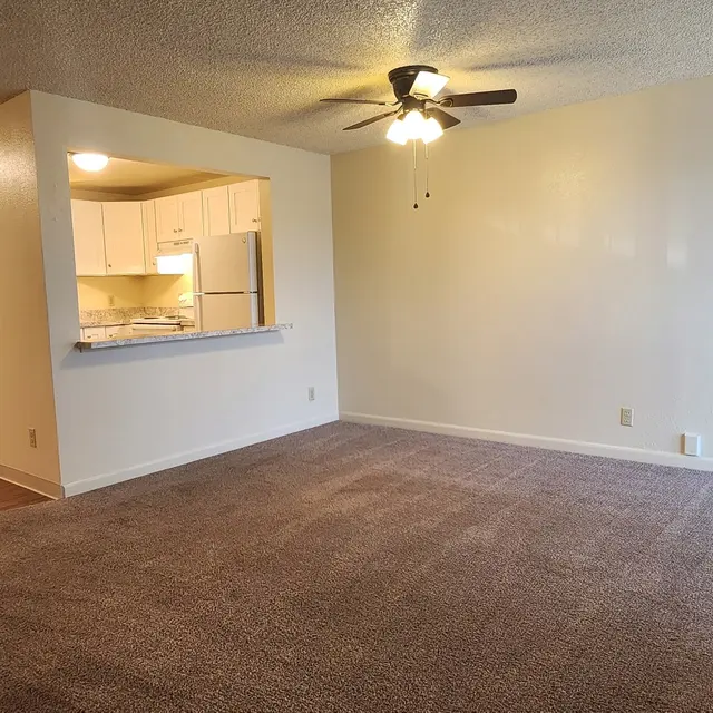 A spacious living room with light-colored walls, a ceiling fan, and carpeted flooring. An open layout leads to a kitchen area with visible cabinetry. The room is well-lit with natural light and has no furniture visible.