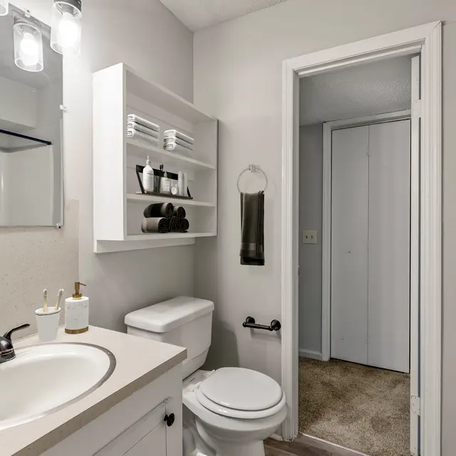 A modern bathroom featuring a white vanity, sink, and toilet with decorative toiletries on the counter. There is a mirror and a shelf with black and white items. The wall colors are light and the floor is covered with a soft carpet. A door leads to another room.