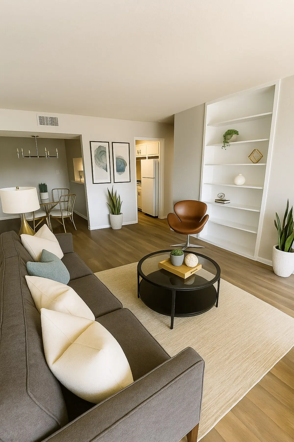 A stylish modern living room featuring a gray sofa with decorative pillows, a round coffee table, and a brown accent chair. The space includes a light-colored rug, shelves with decorative items, and green plants.