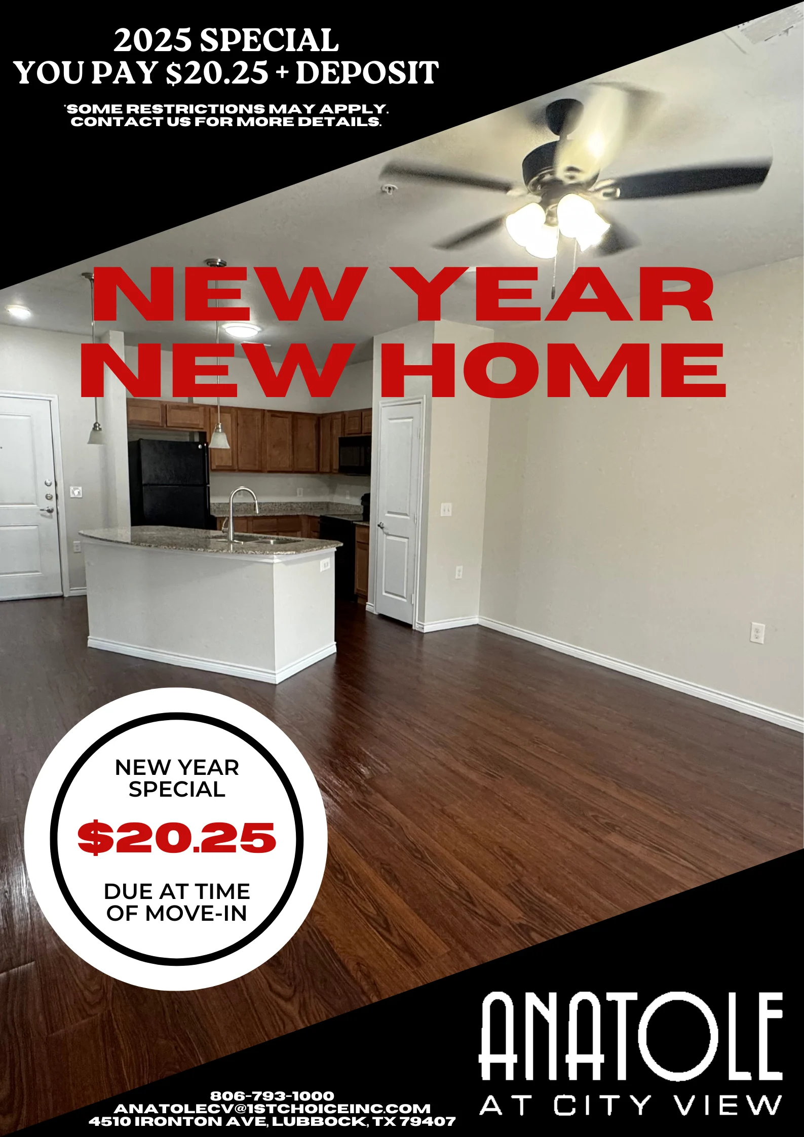 Interior view of a spacious apartment with hardwood floors and a modern kitchen featuring wooden cabinets and white appliances. The text highlights a promotion with information about a special offer.