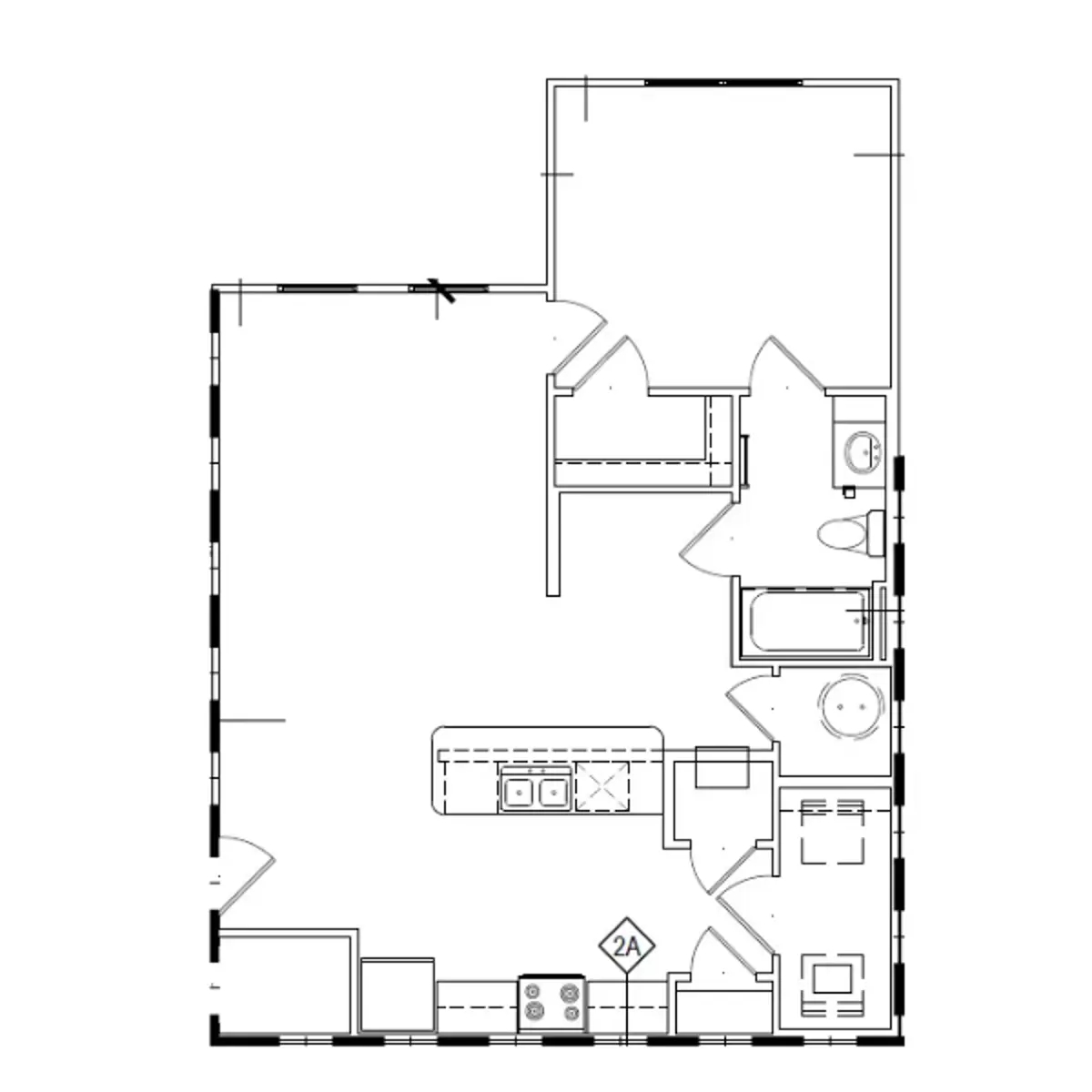 A detailed floor plan showing the layout of a residential unit, including a kitchen, bathroom, and living areas.