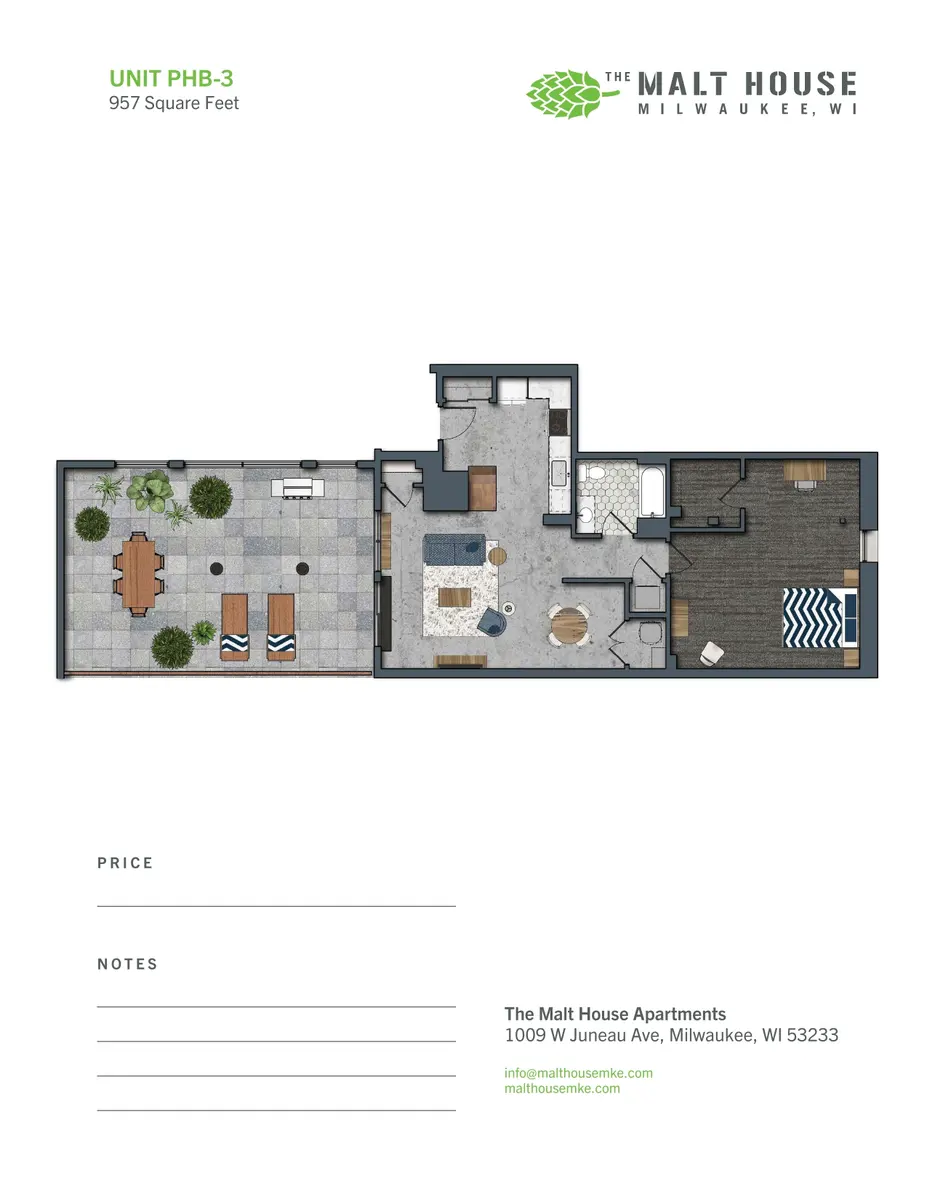Floor plan of an apartment unit labeled PHB-3, measuring 957 square feet, with layout details including living room, kitchen, dining area, two outdoor spaces, and bathroom.