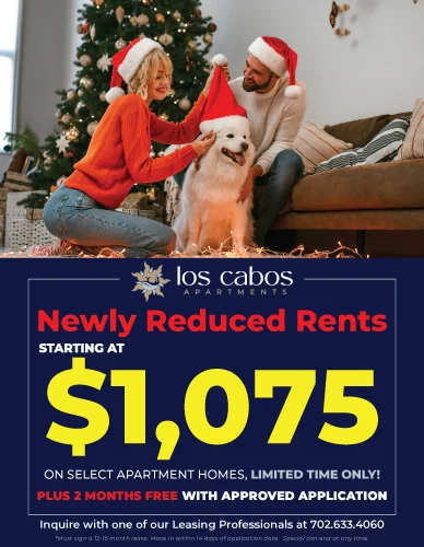 Promotional flyer for Los Cabos Apartments advertising reduced rent and a holiday theme, featuring a decorated Christmas tree and a person with a dog.