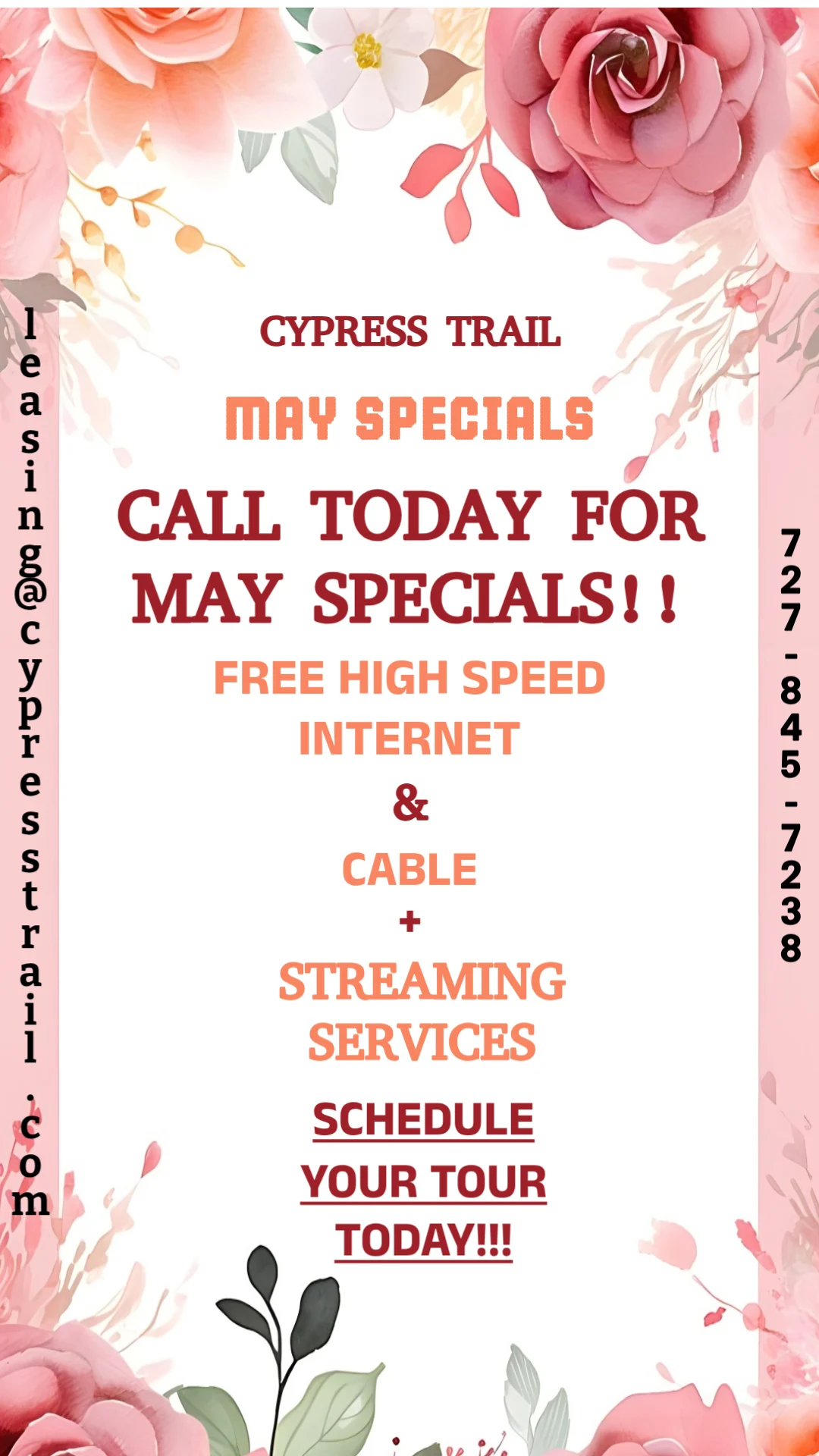 Promotional flyer for Cypress Trail featuring flowers and details about May specials including free high-speed internet, cable, and streaming services.