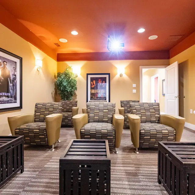 Movie Theater A cozy lounge area with four stylish chairs and wooden crates as tables. The walls are painted in warm colors with soft lighting, and movie posters are displayed.