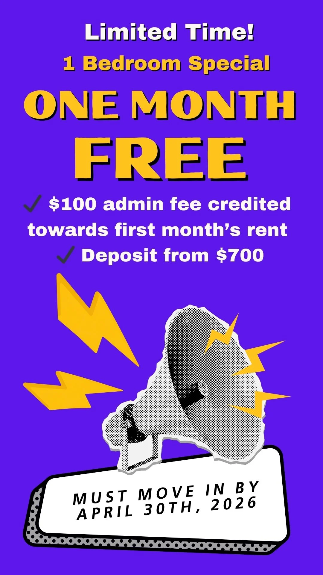 Promotional advertisement for a 1 bedroom apartment special, highlighting one month free rent and conditions.