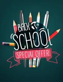 Colorful graphic featuring various school supplies with the text 'Back to School Special Offer'