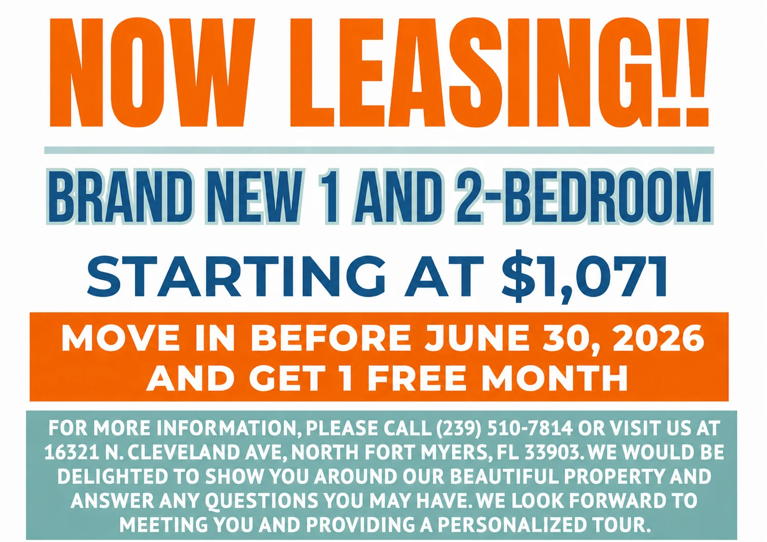 Leasing advertisement for brand new 1 and 2-bedroom apartments with a starting price of $1,071.