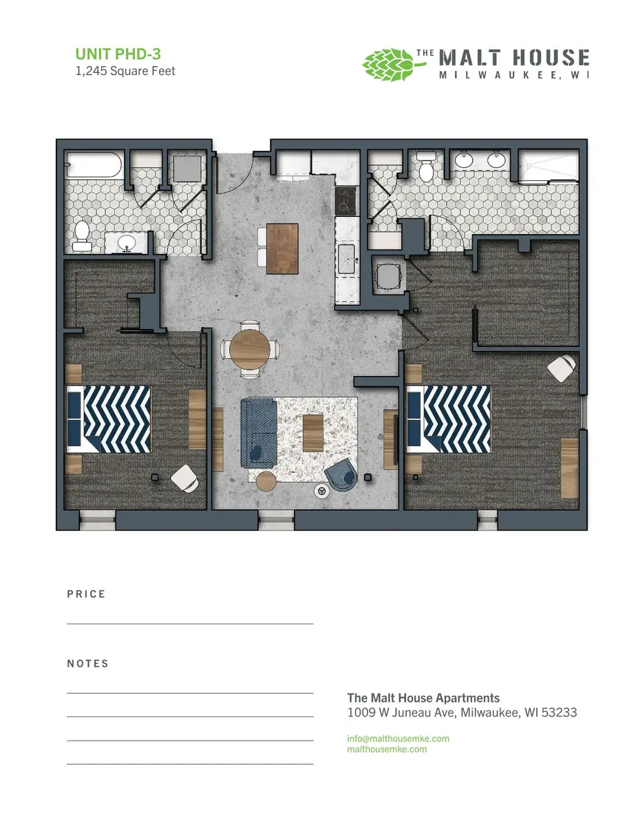 Floor plan of a two-bedroom apartment layout labeled Unit PHD-3.