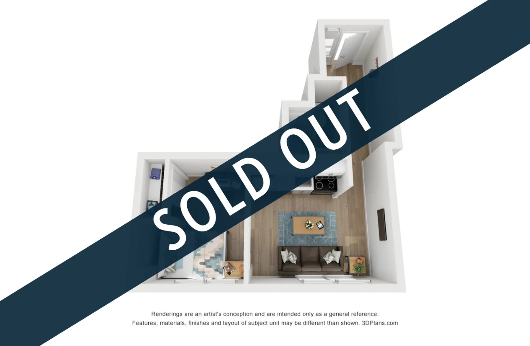 An aerial view of a modern apartment floor plan with the text 'SOLD OUT' overlaying it diagonally.