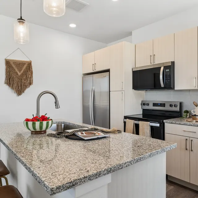 Modern Kitchen Design A modern kitchen with granite countertops, stainless steel appliances, and a minimalist design. Includes a decorative plant and fruit bowl on the countertop.