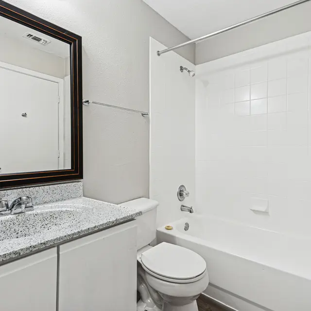 A modern bathroom featuring a bathtub, toilet, and a vanity with a dark-framed mirror. The walls are painted light gray, and the basin has a granite countertop.