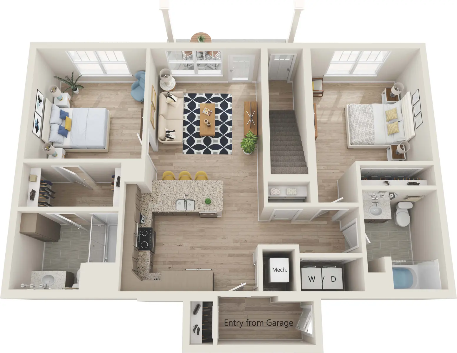 A top-down view of a home layout featuring a living room, dining area, kitchen, two bedrooms, and a bathroom, with an entry from the garage.