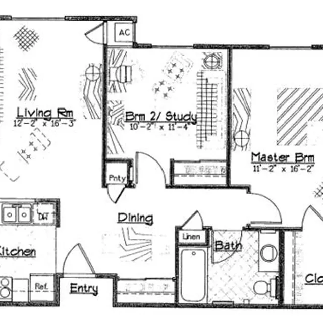 House Floor Plan A detailed floor plan of a house showing various rooms including a living room, two bedrooms, a dining area, a kitchen, and a bathroom.