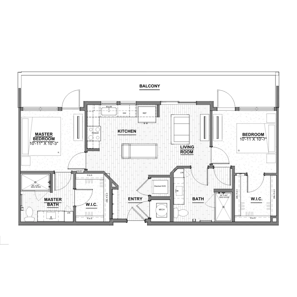 A detailed floor plan of an apartment layout featuring two bedrooms, a master bedroom with an en-suite bath, a living room, a kitchen, and a balcony, including dimensions for each room.