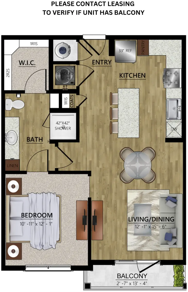 A detailed floor plan of a one-bedroom apartment featuring a bedroom, living/dining area, kitchen, bath, and balcony. Key dimensions are labeled, showing areas such as a walk-in closet and an entryway.