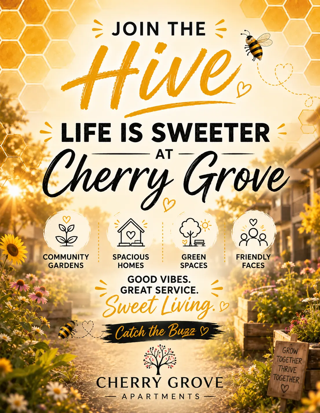 Promotional flyer for Cherry Grove Apartments featuring vibrant gardens and inviting atmosphere.