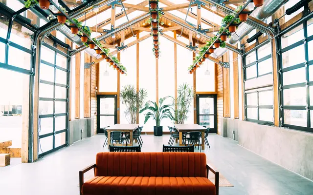 A modern indoor space featuring large windows, a high wooden ceiling with exposed beams, and a mix of greenery. There is an orange sofa in the foreground and several tables with chairs in the background under bright natural light.