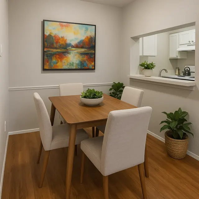 A cozy dining room with a wooden table and white chairs. A green plant sits on the table. The walls are light and there is an abstract painting above the table. A small kitchen area is visible in the background.