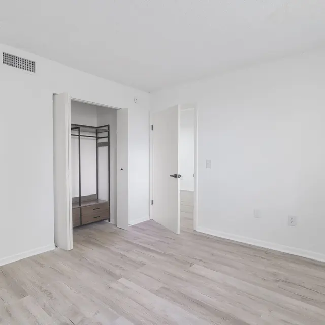 A spacious, empty bedroom with light wood flooring and white walls. There is a closet with a minimalist design and a door leading to another room.