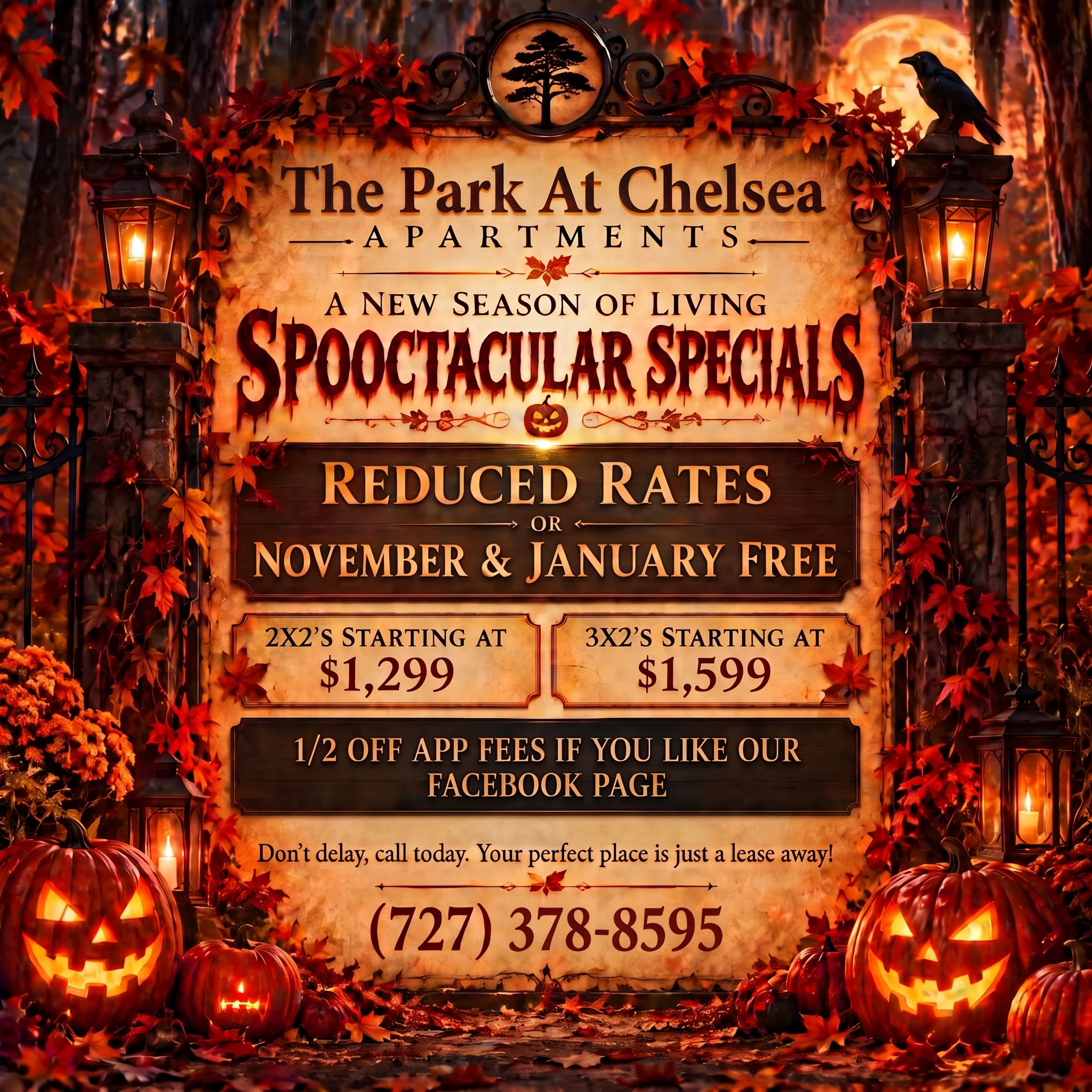 Promotional poster for The Park At Chelsea Apartments featuring fall decorations and pricing details.