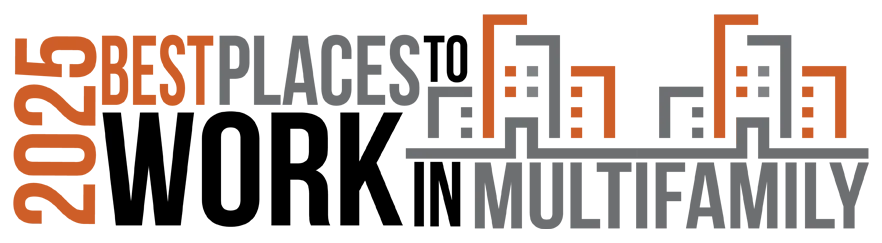 Logo for 2025 Best Places to Work in Multifamily, featuring stylized buildings and colorful text.