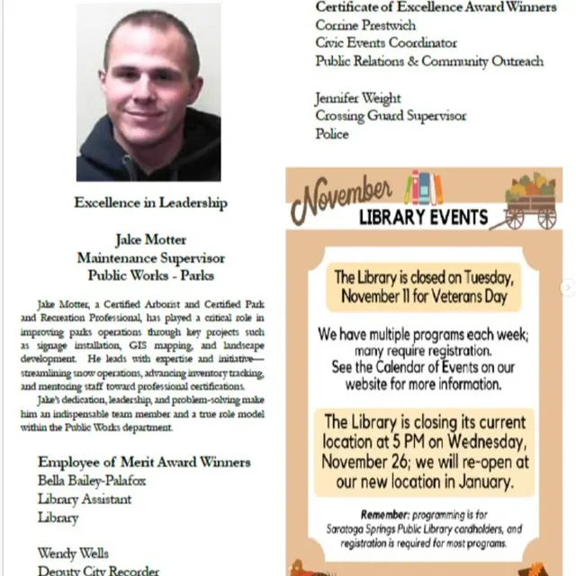 A newsletter featuring award winners and library event announcements for November. Includes names and roles of award recipients along with service details about library operations.