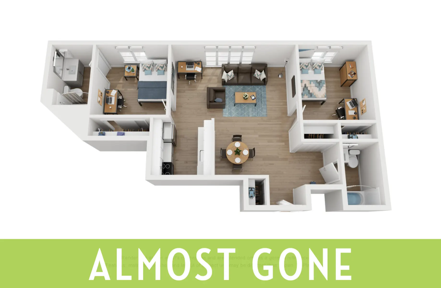 A 3D floor plan of a modern apartment featuring multiple rooms, including a living area, kitchen, and bedrooms, with an overlay text reading 'Almost Gone.'