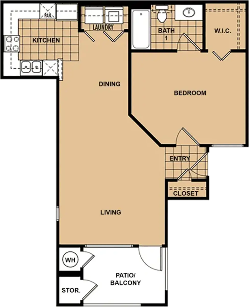 One-Bedroom Apartment Floor Plan A detailed floor plan of a one-bedroom apartment, featuring sections labeled with areas like kitchen, laundry, dining, living, bedroom, bath, entry, closet, and a patio/balcony.