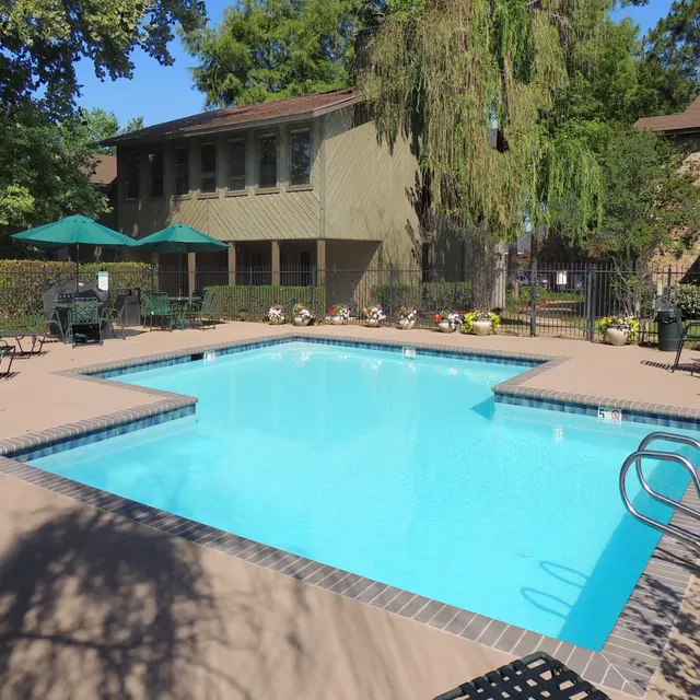 A clear swimming pool surrounded by lounge chairs, a fence, and lush greenery in an apartment complex.