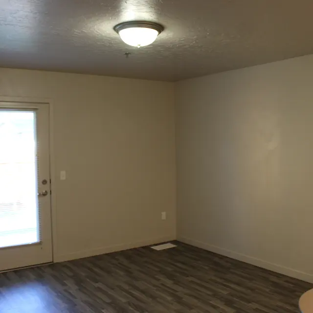 A spacious empty room with a light brown floor and beige walls. There is a door with a window on the left leading outside, and a ceiling light fixture above.