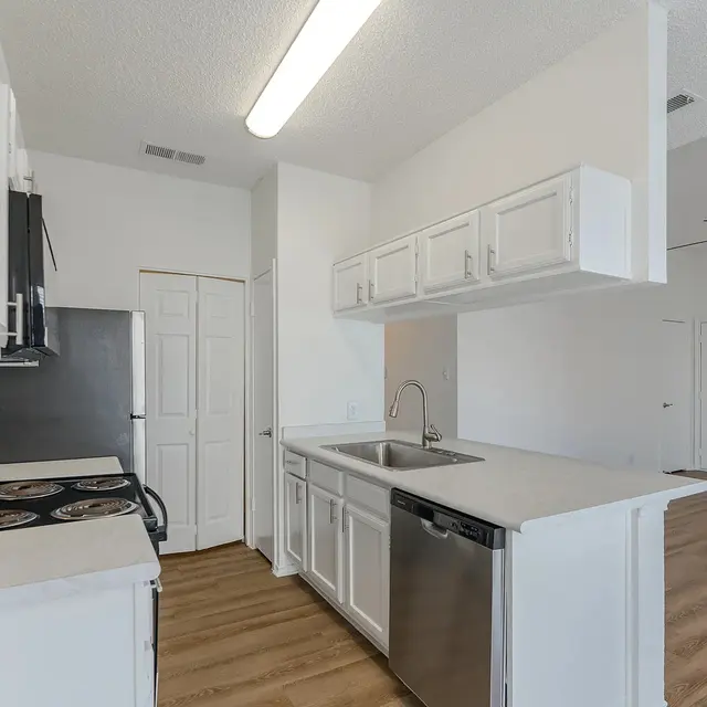 A modern kitchen with white cabinets, a black dishwasher, and a stove with a sleek design. It has a spacious layout with natural light coming in and wood flooring.