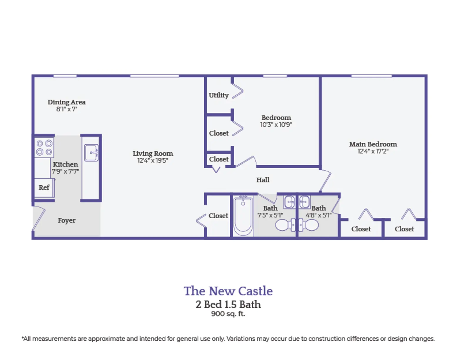 The New Castle Floor Plan Floor plan layout of a 2 bedroom, 1.5 bath apartment labeled 'The New Castle' with dimensions for each room.
