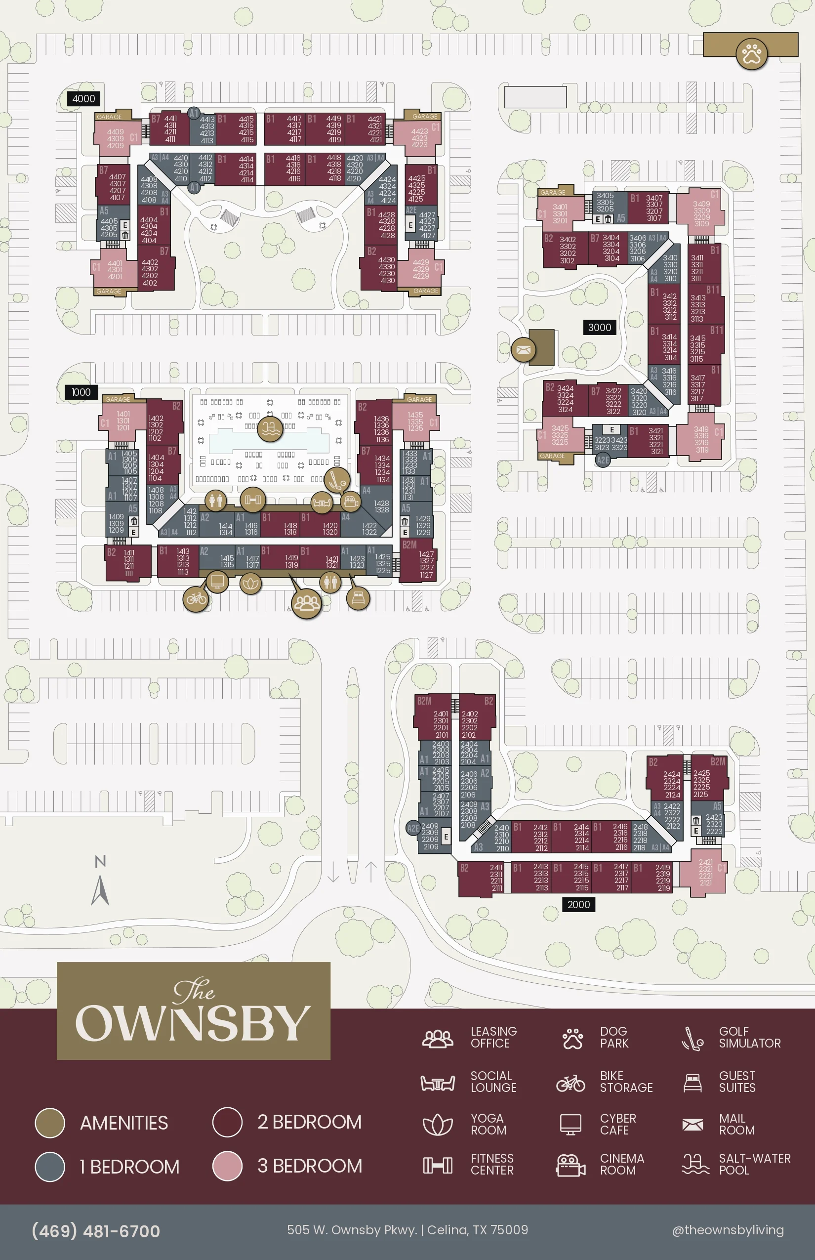 A detailed map of The Ownsby apartment complex showing building layouts, parking areas, and amenities.