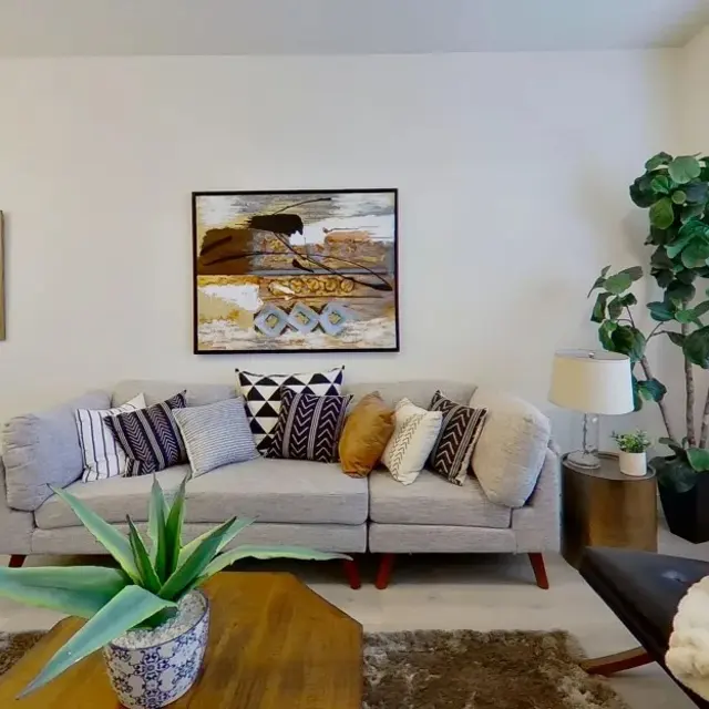 A modern living room featuring a gray sofa adorned with various cushions, a decorative painting on the wall, a wooden coffee table with a plant, a faux fur throw, and a corner with a tall plant. There is also a dining area with black chairs and more wall art.