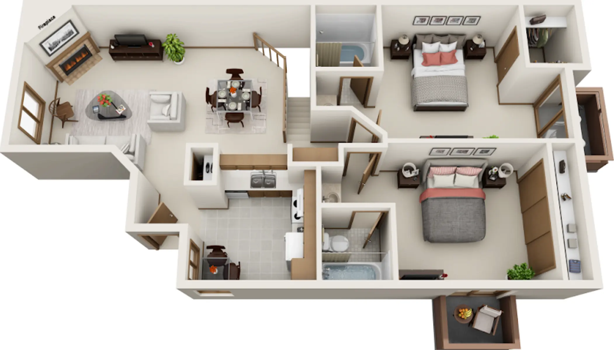 A 3D architectural floor plan of a residential home with a living room, kitchen, two bedrooms, and a bathroom.
