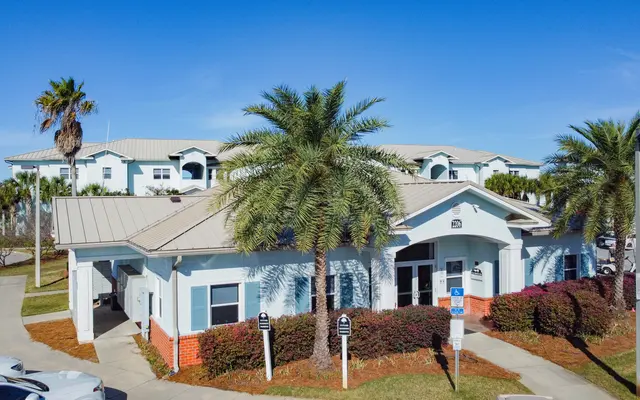 Modern Building with Tropical Landscape A modern building with palm trees in front, located in a sunny area.