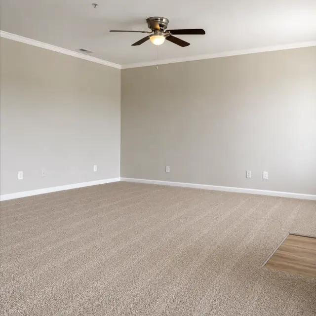 An empty room featuring light beige carpet, a ceiling fan, and a neutral wall color.