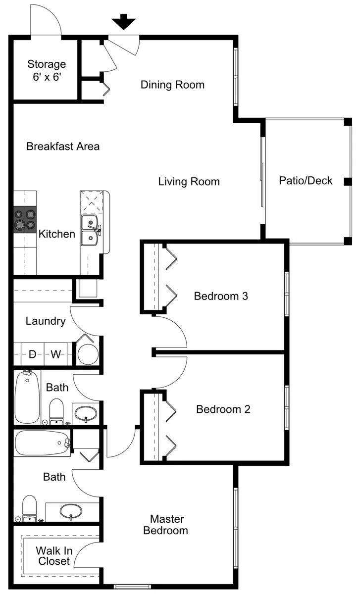 Residential Floor Plan A black and white floor plan of a house featuring a storage area, dining room, living room, breakfast area, kitchen, three bedrooms, two bathrooms, laundry room, and a master bedroom with a walk-in closet.