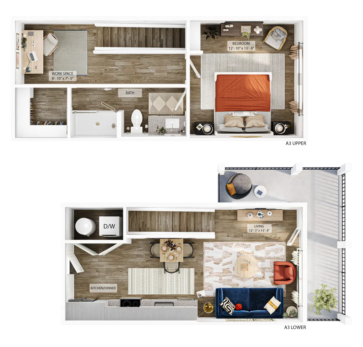 A detailed floor plan of a two-level apartment layout, labeled A3 Upper and A3 Lower. The upper level features a bedroom, bath, and workspace, while the lower level includes a living area, kitchen, and dining area.