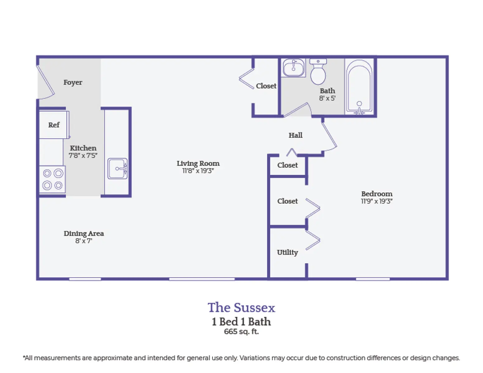 The Sussex Floor Plan Floor plan of The Sussex, a 1 bed 1 bath apartment measuring 665 sq. ft.