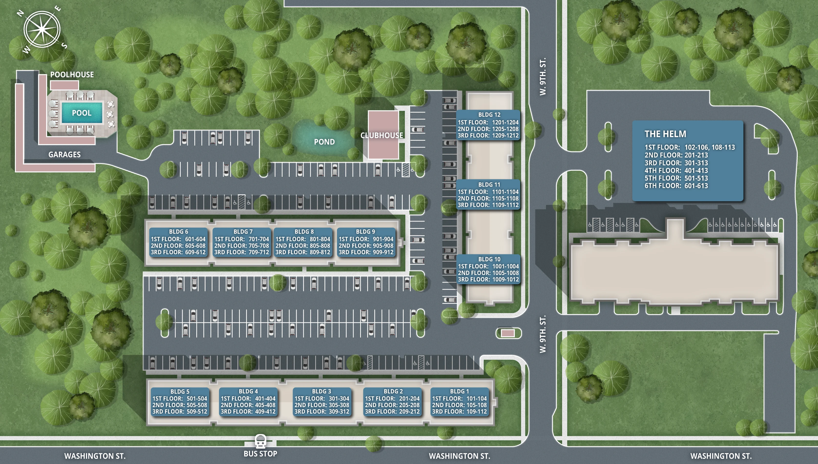 A detailed map of an apartment complex layout featuring buildings, parking areas, a pool, and surrounding greenery.